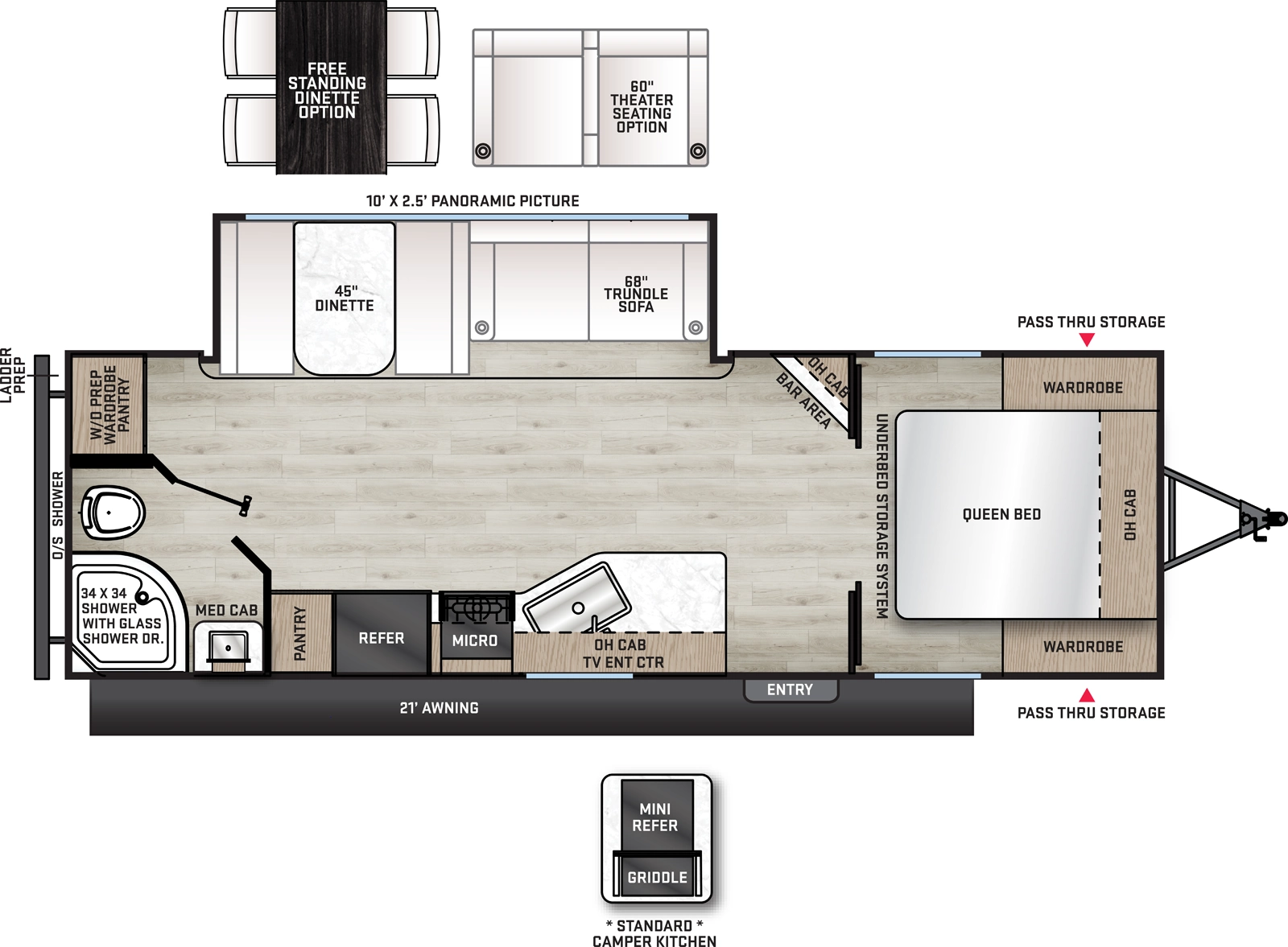 The Aurora 24RBS floorplan has one entry and one slide out. Exterior features include: metal exterior, 21' awning and outside kitchen. Interiors features include: free-standing dinette option and front bedroom.
